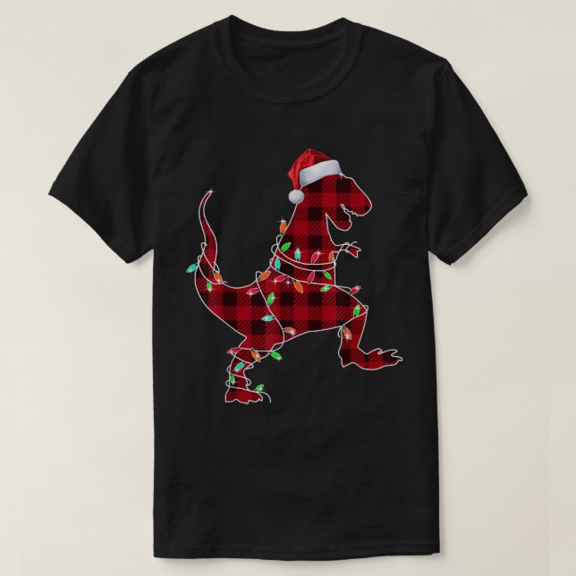 Camiseta Plaid Christmas T-Rex Lights (Frente do Design)