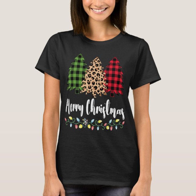 Camiseta Plaid Leopard Patterns Merry Christmas Tree for Mo (Frente)