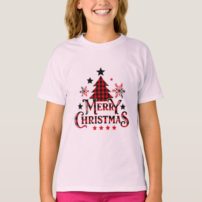 Camiseta Plaid Merry Christmas Girls T-Shirt (Frente)