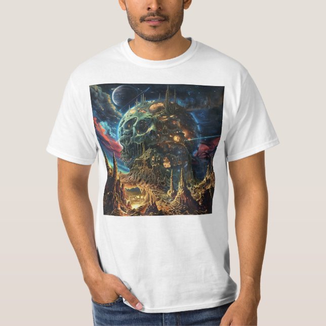 Camiseta Planeta Crânio de Metal Pesado (Frente)