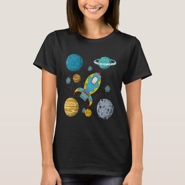 Camiseta Planetas Ciência Foguete Exterior Cosmonautas Cria (Frente)