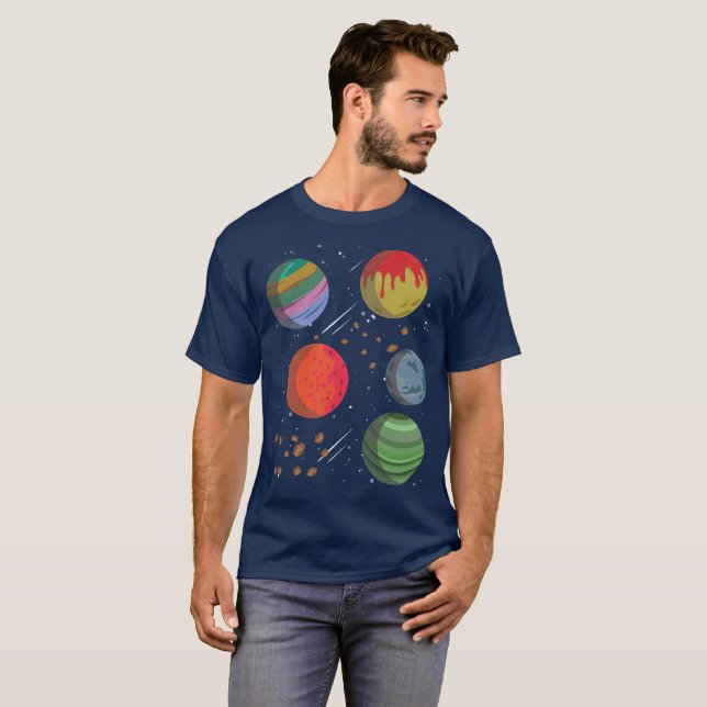 Camiseta Planetas coloridos no espaço (Frente Completa)
