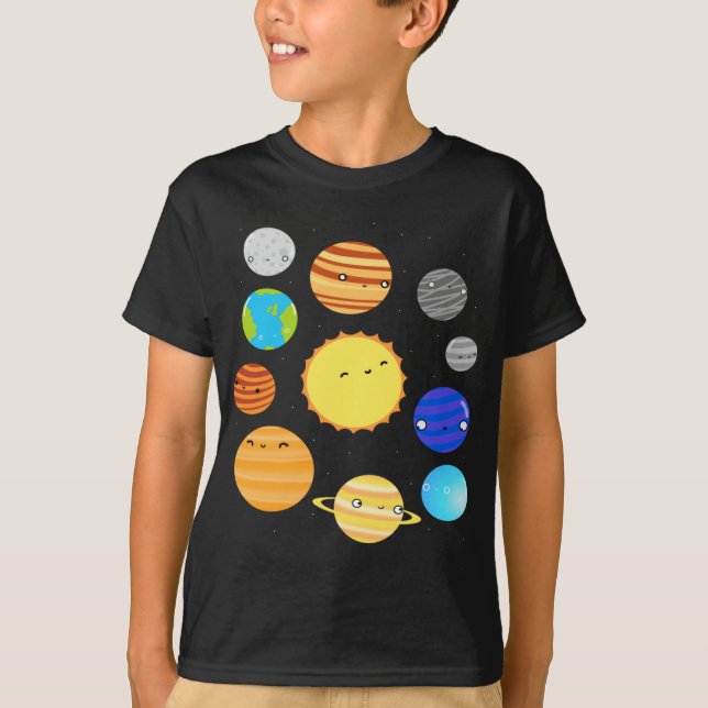 Camiseta Planetas das Crianças do Sistema Solar (Frente)