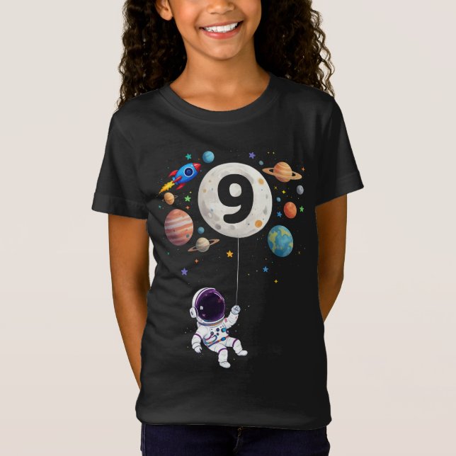 Camiseta Planetas de aniversário de 9 anos Astronauta 9º an (Frente)