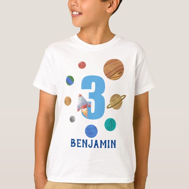 Camiseta Planetas do sistema solar aniversário de 3 anos  (Frente)