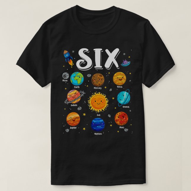 Camiseta Planetas do Sistema Solar com 6 Anos de 6, Anivers (Frente do Design)