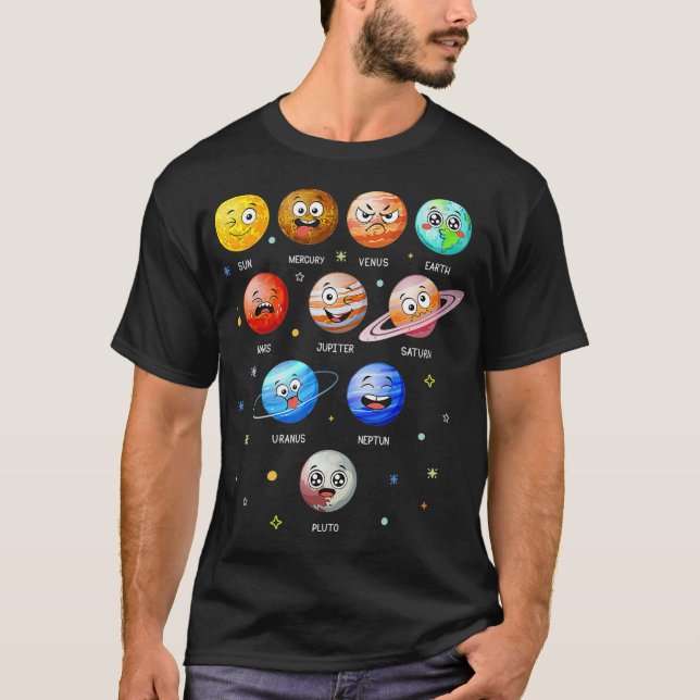 Camiseta Planetas do Sistema Solar Ensinam Ciência Engraçad (Frente)