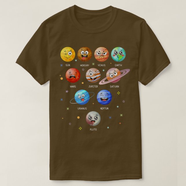 Camiseta Planetas do Sistema Solar Ensinam Ciência Engraçad (Frente do Design)
