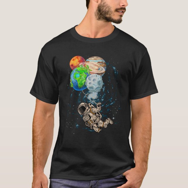 Camiseta Planetas Espaciais Balões Astronauta de Astronauta (Frente)