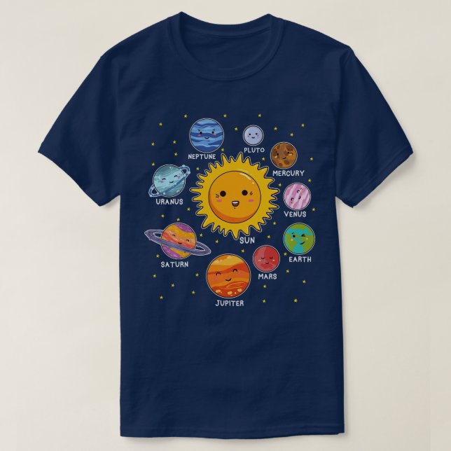 Camiseta Planetas Espaciais do Sistema Solar para Crianças  (Frente do Design)