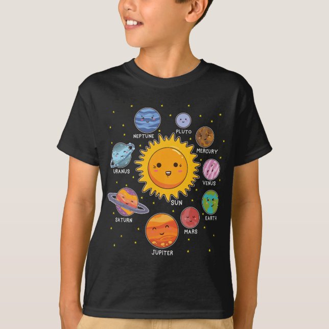 Camiseta Planetas Espaciais do Sistema Solar para Meninas S (Frente)