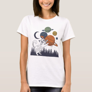 Camiseta Planetas Gato Caprichoso Floresta Silhueta Vintage