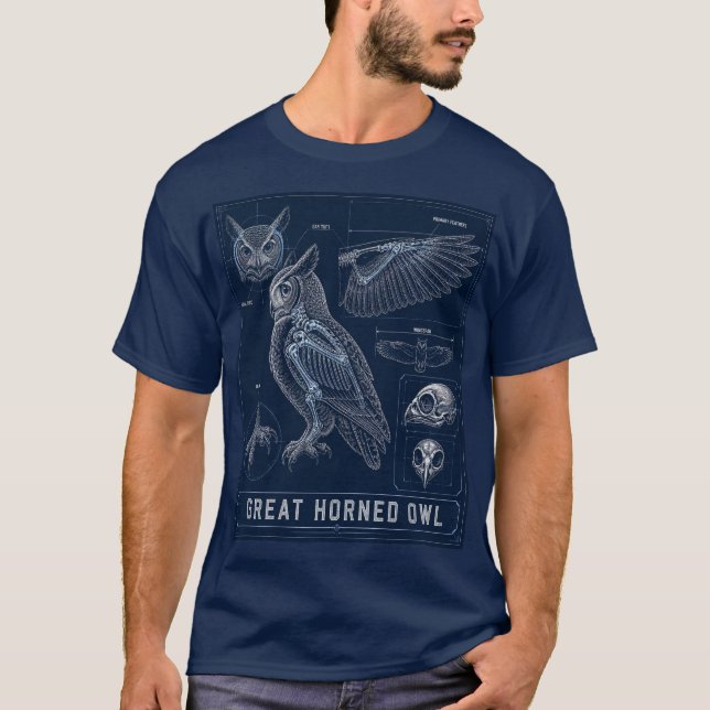 Camiseta Plano de Anatomia da Coruja-de-chifres (Frente)