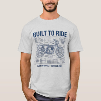 Camiseta Plano Técnico de Moto Antiga 'Built To Ride' Azul