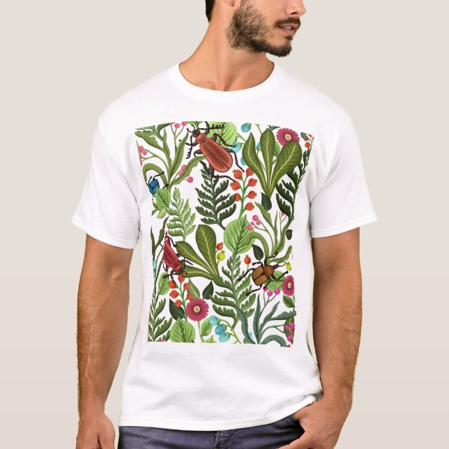 Camiseta Plantas decorativas e insetos: Design sem costura. (Frente)