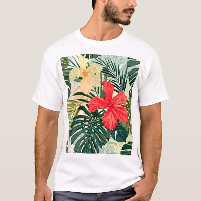 Camiseta Plantas tropicais havaianas, flores coloridas. (Frente)