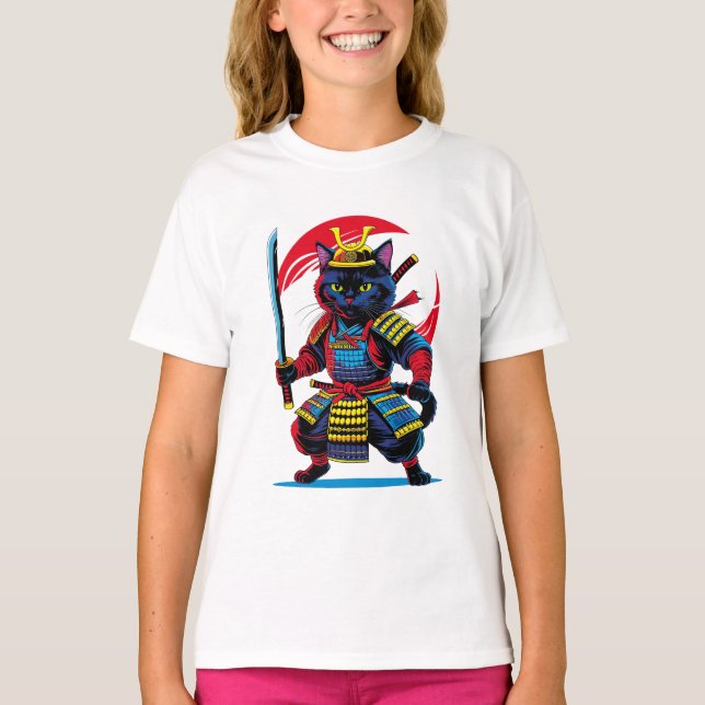 Camiseta Playera básica de niñas Gato Samurái (Frente)