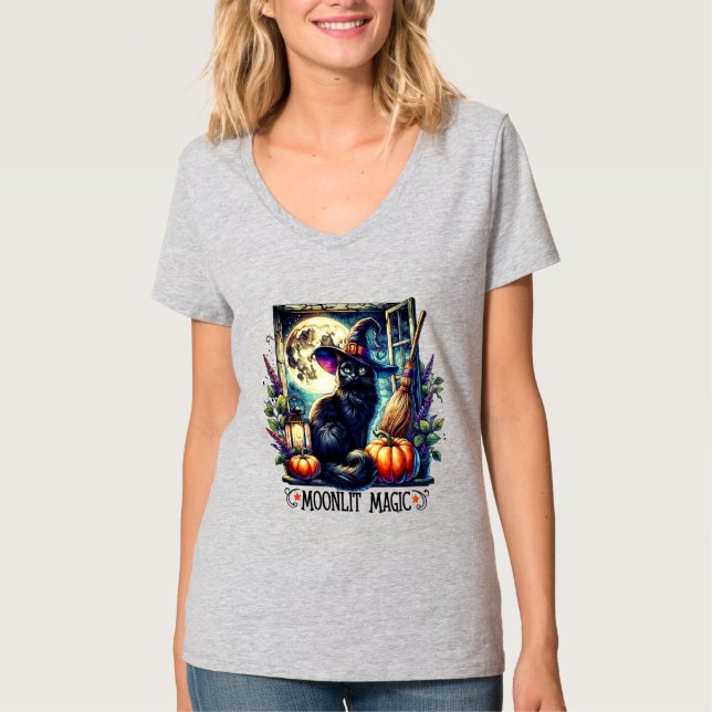 Camiseta Playera "Moonlit Magic" Black Cat Halloween Shirt (Frente)