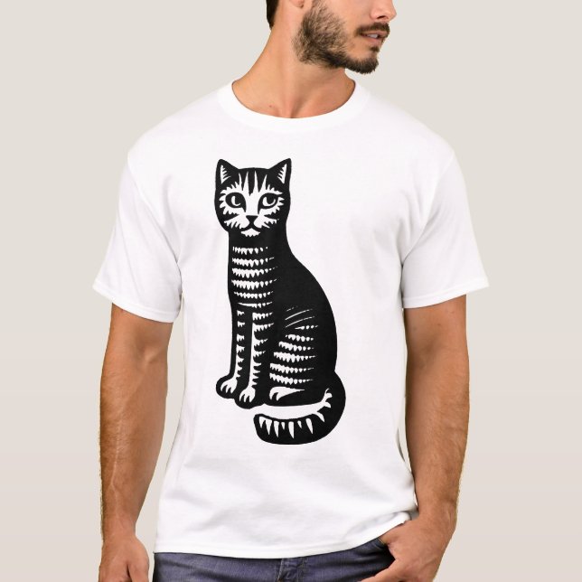 Camiseta Playful Cat Woodcut Style (Frente)