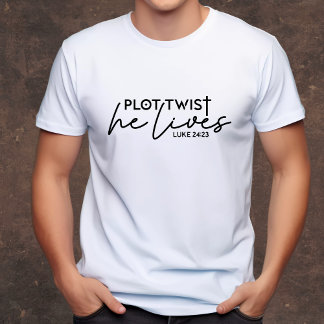 Camiseta Plot Twist Ele Mora Cristão de Homens Engraçados
