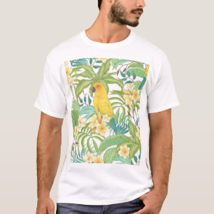Camiseta Plumeria, Papagaio, Padrão Floral Vintage.