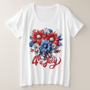 Camiseta Plus Size 4 de julho Flores em Branco Vermelho e Patriótico