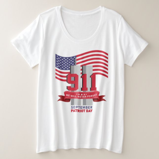 Camiseta Plus Size 9.11 Dia Patriótico; Nunca Esqueça (Frente do Design)