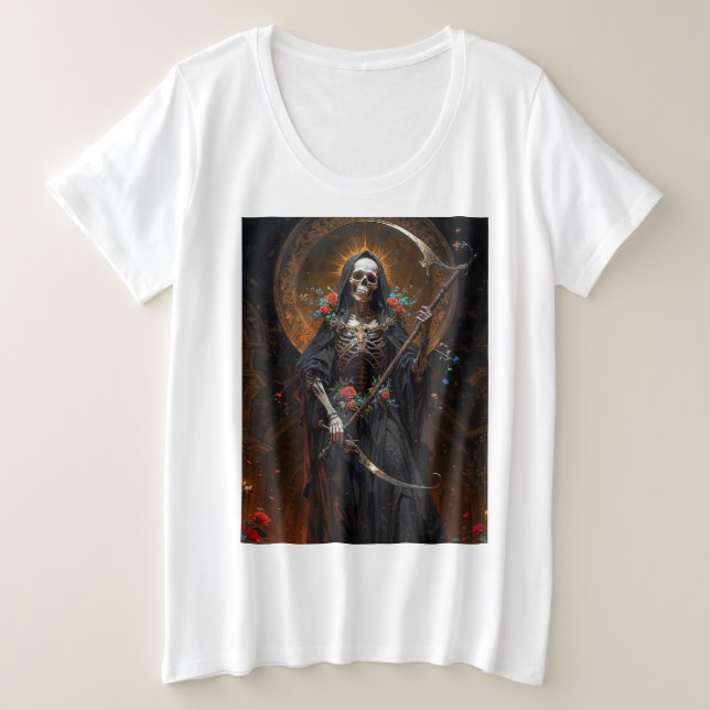 Camiseta Plus Size A Luz na Escuridão Santa Morte (Frente do Design)