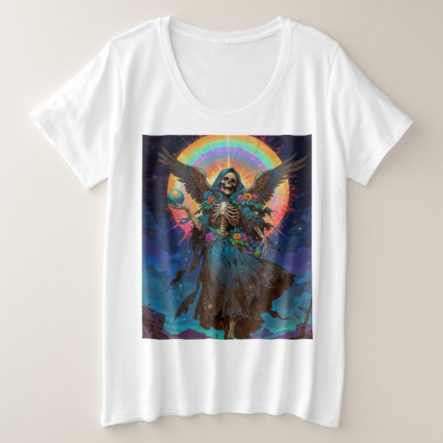 Camiseta Plus Size A Sombra Benévola Santa Morte (Frente do Design)