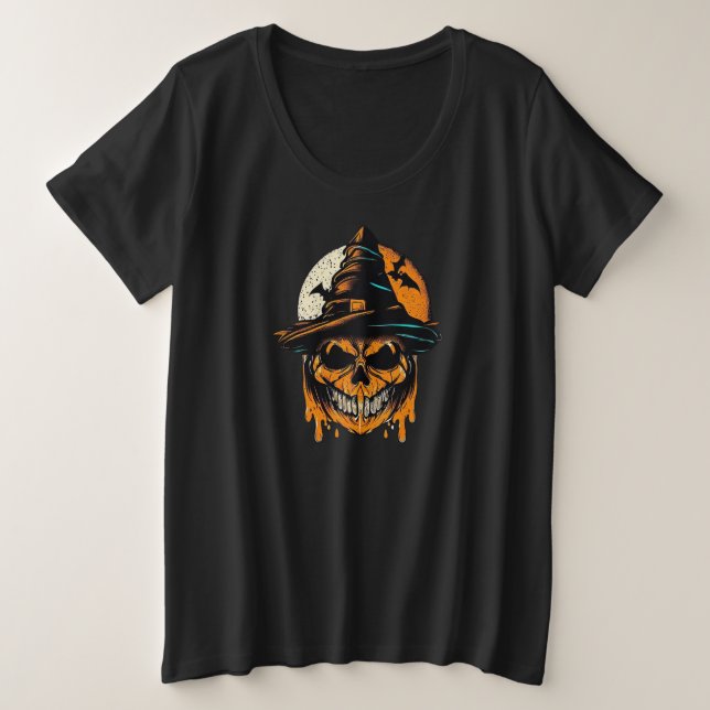 Camiseta Plus Size abóbora/Halloween/crânio/assustador (Frente do Design)
