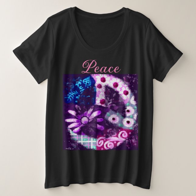 Camiseta Plus Size Abstrato - Sinal de Paz - Arte Hippie - Púrpura (Frente do Design)
