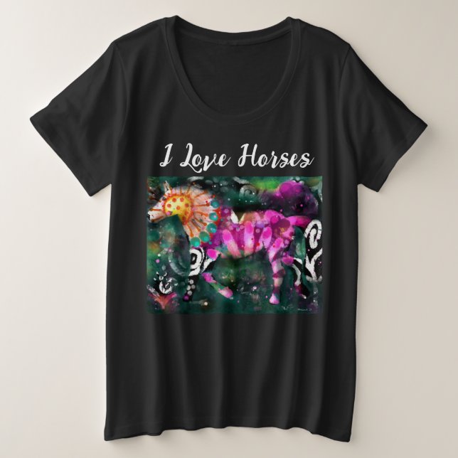 Camiseta Plus Size Adoro pintura de cavalos Abstrato com cavalos (Frente do Design)