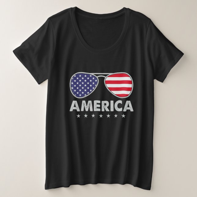 Camiseta Plus Size America Independence Day  Glasses Flag Men Boys (Frente do Design)