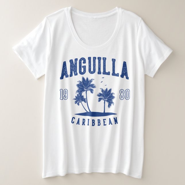 Camiseta Plus Size Anguilla Caribbean Palm Tree 1980 (Frente do Design)