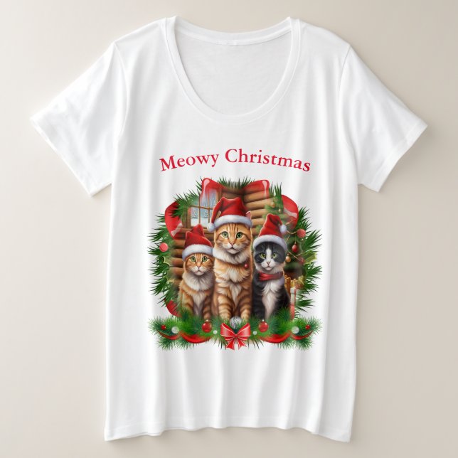 Camiseta Plus Size Animais bonitos Gatos T-shirts de Natal (Frente do Design)