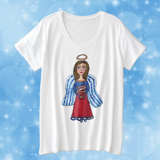 Camiseta Plus Size Anjo Patriótico Americano Vermelho Branco Azul Ban (Red white blue patriotic USA angel with flag and gold halo on white womans plus size tee shirt.)