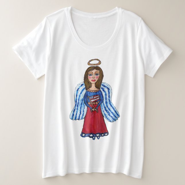 Camiseta Plus Size Anjo Vermelho Branco Azul EUA Bandeira Patriótica  (Frente do Design)