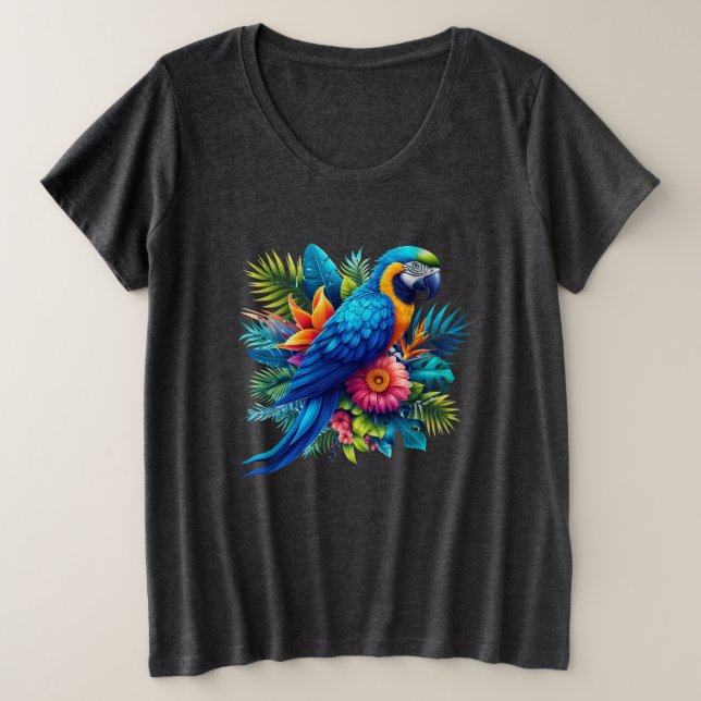 Camiseta Plus Size Arara tropical azul-colorida (Frente do Design)
