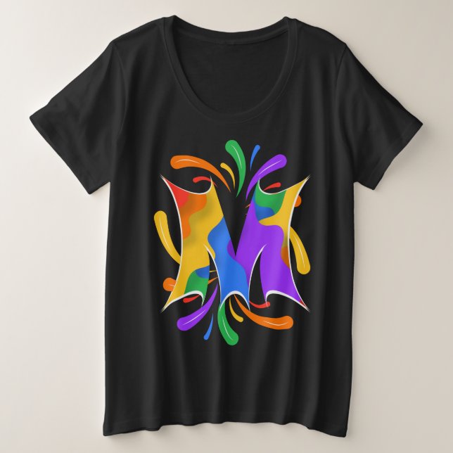 Camiseta Plus Size Arco-íris - Letra M Monograma Abstrato (Frente do Design)