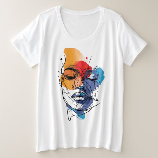 Camiseta Plus Size Arte Abstrata de Rosto com Linhas Fluidas (Frente do Design)