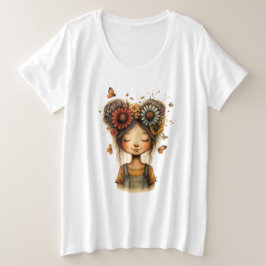 Camiseta Plus Size Arte Cottagecore de Menina com Coque Floral Capric