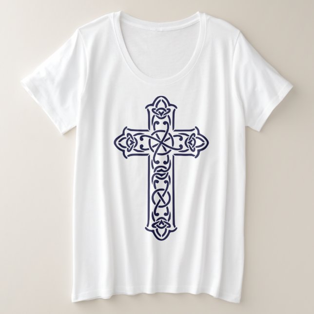 Camiseta Plus Size Arte de Entrelaçamento Gráfico da Cruz Celta (Frente do Design)