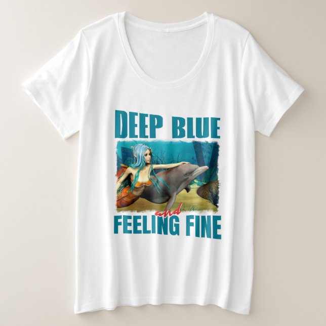 Camiseta Plus Size Arte de Sereia de Golfinho Azul Profundo e Sentind (Frente do Design)