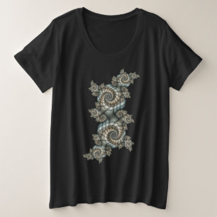Camiseta Plus Size Arte fractal azul claro bege abstrato espirais