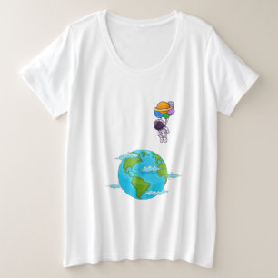 Camiseta Plus Size astronauta com balões aterrando terra