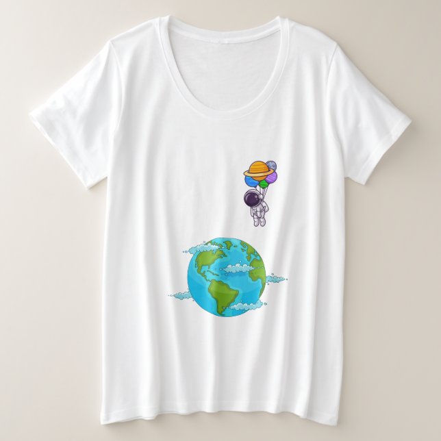 Camiseta Plus Size astronauta com balões aterrando terra (Frente do Design)