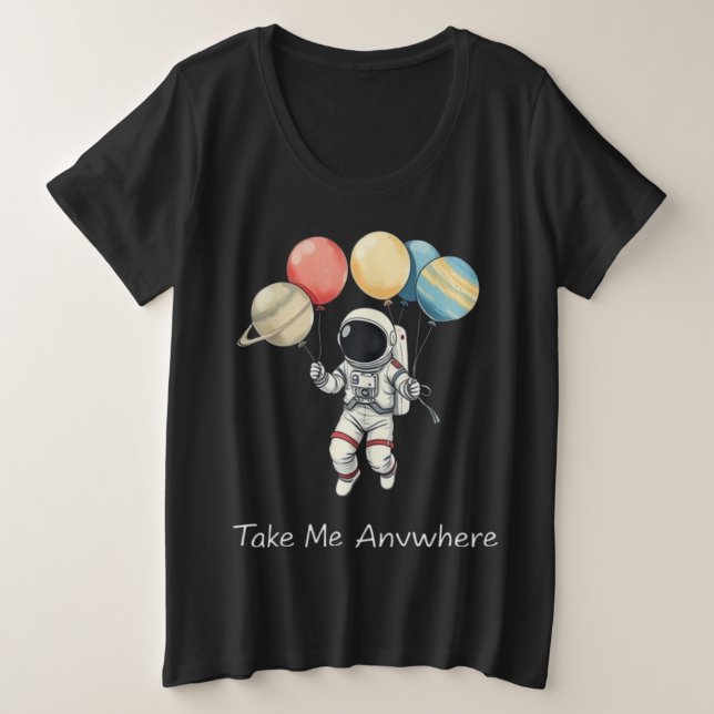 Camiseta Plus Size Astronauta com Planetas Balões (Frente do Design)