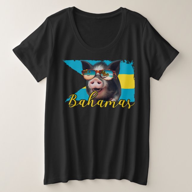 Camiseta Plus Size Bahamas Nadando Suínos - Exuma Pig Beach Adventure (Frente do Design)