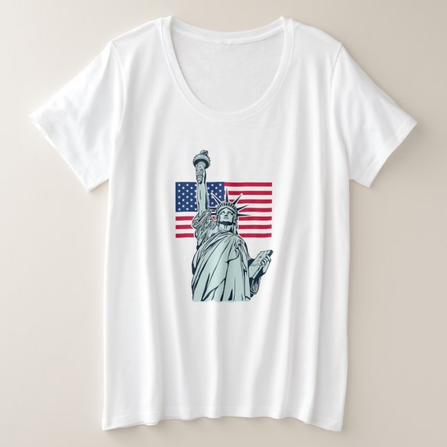 Camiseta Plus Size Bandeira Americana com Lady Liberty (Frente do Design)
