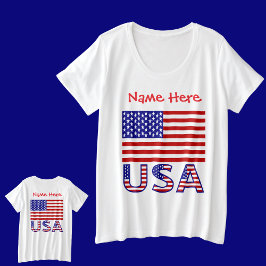 Camiseta Plus Size Bandeira EUA Estados Unidos América Vermelha Perso